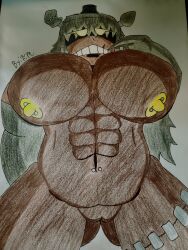 dark-skinned_female drawn dreadbear f.m. five_nights_at_freddy's five_nights_at_freddy's:_help_wanted glowing_eyes huge_breasts looking_down muscular_female nipple_piercing rule_63