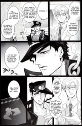 2boys dialogue jojo's_bizarre_adventure jotaro_kujo kudarizaka_(artist) male_only monochrome pleasure_express_(comic) speech_bubble stardust_crusaders talking