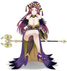 1girls asymmetrical_legwear bangs bare_shoulders braid breasts cleavage clothes_lift crossed_legs deep_cleavage dress dress_lift earrings feather_trim female female female_only fingernails fire_emblem fire_emblem_heroes gloves hair_ornament hat high_heels holding holding_staff j@ck jewelry large_breasts legs lips loki_(fire_emblem) long_fingernails long_hair looking_at_viewer nail_polish nintendo purple_eyes purple_hair purple_headwear purple_nails solo staff tassel thighhighs thighs