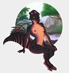 2022 anthro bagaceratops breasts ceratopsian dinosaur dinovember feet female hi_res horn looking_at_viewer nipples non-mammal_breasts nude open_mouth ornithischian reptile scalie sheycra sitting smile solo toes tongue