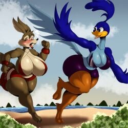 anthro big_breasts bird bra canid canine coyote furry genderbent huge_ass huge_breasts huge_butt jogging jogging_shorts large_ass large_breasts large_butt looney_tunes outdoors road_runner_(looney_tunes) roadrunner rule_63 smooth_fur sports_bra sports_shorts sportswear suirano sweat sweating wile_e._coyote