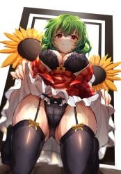 1girls absurd_res annoyed ascot black_bra black_panties black_thighhighs blush bra breasts cleavage closed_mouth clothes_lift collarbone covered_erect_nipples dress dress_lift female flower from_below garter_straps glaring gluteal_fold green_hair highres hira-san humanoid kneeling large_breasts lifted_by_self light_blush looking_at_viewer looking_down no_humans panties panty_peek plaid plaid_dress plaid_skirt plaid_vest red_dress red_eyes red_skirt red_vest shirt short_hair skindentation skirt skirt_set solo sunflower team_shanghai_alice thighhighs thighs touhou underwear vest wavy_hair white_background white_shirt youkai yuka_kazami yuuka_kazami