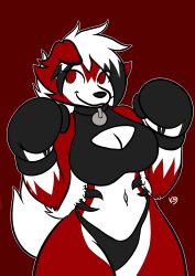 1girls anthro big_breasts black_boxing_gloves black_bra black_gloves black_panties boxing boxing_gloves bra breasts chest_cutout cleavage_cutout female female_only furry gloves long_hair lycanroc midnight_lycanroc panties pokemon pokemon_(species) red_eyes red_fur solo sports_bra tail the_k9_team thick thick_hips thick_thighs white_hair wide_hips