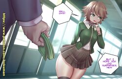 2boys bare_thighs bokuman brown_hair crossdressing danganronpa danganronpa:_trigger_happy_havoc dialogue english_text femboy fujisaki_chihiro girly green_eyes male money offering_money prostitution school_uniform straight_hair text thick_thighs thighhighs thighs