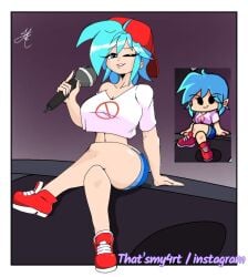 1girls backwards_baseball_cap baseball_cap blue_eyes blue_hair boyfriend_(friday_night_funkin) female female_boyfriend_(friday_night_funkin) female_only fnf friday_night_funkin genderbend genderswap kaity_xml_(mizanploz) microphone rule_63 shoes short_shirt shorts small_shirt solo speaker tight_shorts