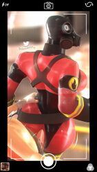 1boy 1boy1girl 1girls 3d ass clothed_female_nude_male dash23 female fempyro from_behind gas_mask hand_on_hip looking_at_another looking_at_partner mask pyro pyro_(team_fortress_2) ripped_clothing scout_(team_fortress_2) sfm source_filmmaker team_fortress_2