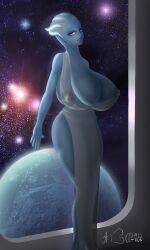 1girls aiba-kun alien alien_girl asari bare_legs big_breasts biting_lip blue_body blue_eyes blue_skin breasts cleavage clothed clothing dress evening_dress eyelashes female female_only huge_breasts hyper_breasts indoors large_breasts legs liara_t'soni lip_bite long_dress looking_at_viewer mass_effect night nipples normandy_sr-2 planet science_fiction side_view solo solo_female space space_background spacecraft standing stars starship white_clothing window