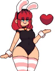 blue_eyes bunny_ears bunny_girl bunnysuit dat_ass heart highres huge_ass huge_breasts lazy_pudding pixel_art red_hair small_breasts smiling thick_thighs white_background wide_hips