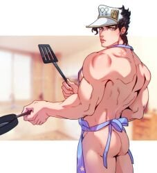 1boy apron apron_only ass ass_focus black_hair black_hair_male blue_eyes blue_eyes_male cocking diamond_is_unbreakable dilf hat joestar_birthmark jojo's_bizarre_adventure jotaro_kujo less_end male male_only muscular muscular_arms muscular_male no_pants slut_racist solo solo_male