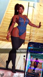 3d caladdicted capcom chun-li chun-li_(fortnite) fortnite legwear long_hair long_ponytail offscreen_character one-piece_swimsuit phone see-through_clothing see-through_swimsuit street_fighter tanlines tanned tanned_skin text texting visible_areolae