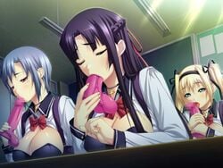 3girls breasts censored classroom cleavage dildo dildo_in_mouth female game_cg jpeg_artifacts kangoku_gakuen kirishima_yuki licking liquid_(company) long_hair minase_sayaka_(kangoku_gakuen) mole multiple_girls oshiro_midori sex_toy short_hair tied_hair twintails uniform