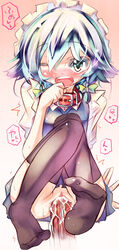 blue_eyes blue_hair blush bow collar cum cum_inside decensored female hairbow maid_headdress male multicolored_hair no_panties penis pussy sakuya_izayoi sex short_hair straight thighhighs tora touhou uncensored vaginal_penetration wince wink