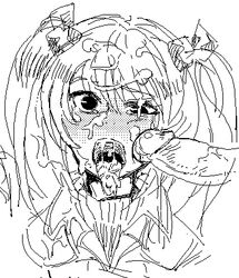 bukkake clothing cum cum_in_mouth cum_on_body cum_on_clothes cum_on_hair cum_on_upper_body edy_nelson facial female lowres monochrome open_mouth penis sima sketch solo tied_hair twintails valkyria_chronicles valkyria_chronicles_1