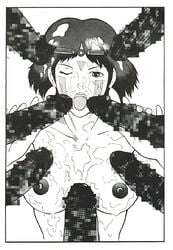 1girls artist_request black_eyes black_hair breasts censored fellatio female human interracial large_breasts male monochrome nipples nude oral penis princess_momonoke san short_hair studio_ghibli