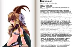 1girls baphomet baphomet_(monster_girl_encyclopedia) blue_eyes brown_hair cape character_profile demon_girl flat_chest hard_translated horns kenkou_cross mamono_girl_lover midriff monster_girl monster_girl_encyclopedia monster_girl_profile navel official_art paws purple_eyes skull translated