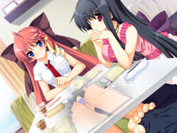 2girls anekano barefoot blue_eyes blue_hair blush clothed_sex feet footjob game_cg long_hair multiple_girls panties red_eyes red_hair ribbon skirt smile table under_the_table underwear