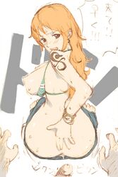 1boy after_sex anus ass bikini bikini_top breasts cum erection female hair jeans large_breasts log_pose long_hair male nami nipples one_piece orange_hair penis post-timeskip pov speech_bubble striped_bikini sweat tattoo text translated translation_request tsukinowa_(pixiv) uncensored