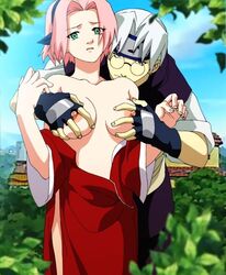 breasts female fondling glasses green_eyes grey_hair human male naruto naruto_(classic) nipples pink_hair sakura_haruno sakura_haruno(genin) straight tagme yakushi_kabuto young younger_female