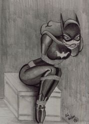 1girls barbara_gordon batgirl batman:_the_animated_series batman_(series) bondage cloth_gag dc dc_comics dcau female female_only gag gagged monochrome rework rope_bondage snowking68 solo superheroine tied_up