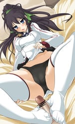 blue_eyes blush censored dark_penis feet footjob footjob_with_footwear hair_ribbon infinite_stratos interracial long_hair midriff momio open_mouth panties penis ponytail ribbon shinonono_houki sitting spread_legs thighhighs tied_hair underwear white_legwear white_thighhighs