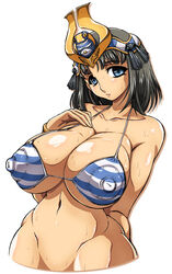 1girls bikini bikini_top black_hair blue_eyes blush bottomless bracelet breasts cleavage collarbone erect_nipples female highres huge_breasts huge_nipples impossible_clothing jewelry large_breasts menace navel nipples puffy_nipples queen's_blade setra smile solo standing striped striped_bikini striped_swimsuit sweat swimsuit tiara yukimaru_(gojo)