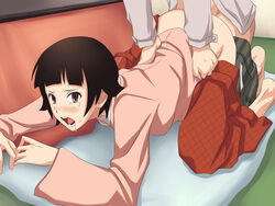 all_fours anal arched_back bent_over blush brown_eyes brown_hair feet maku_(l-u) mat open_mouth pants_down rape saliva sayonara_zetsubou_sensei schoolgirl screaming sex short_hair tear teeth tongue torso_grab tsunetsuki_matoi vaginal_penetration