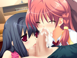 1boy 2girls anekano ballcaress blue_hair blush caressing_testicles censored closed_eyes collaborative_fellatio cum cum_in_mouth double_fellatio fellatio game_cg hair licking long_hair mosaic_censoring multiple_fellatio multiple_girls oral penis red_eyes red_hair teamwork threesome tongue