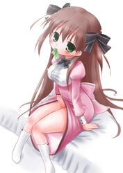 artist_request blush bowtie brown_hair censored condom cum erection footwear futa_sans_balls futanari green_eyes hair_ribbon intersex long_hair muu_rian penis pointless_censoring sitting socks