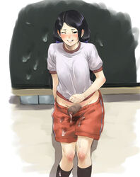 1futa baka_gaki black_eyes black_hair blackboard blush breasts censored cum cum_drip cum_on_clothes cumshot ejaculation embarrassed erection footwear foreskin futa_only futa_sans_balls futanari gym_uniform hands-free handsfree_ejaculation messy penis penis_out ribbon school shirt shorts small_breasts smile socks wink