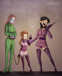 3girls bodysuit bondage boots cigarette cigarette_holder female female_only fixxxer high_heel_boots high_heels human leash mandy_(totally_spies) mandy_walters multiple_females multiple_girls nipple_bulge nipples pokies rubber sam_(totally_spies) sam_simpson slave smoking tagme thigh_boots thighhigh_boots totally_spies