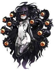 black_hair breasts cyclops female gazer_(monster_girl_encyclopedia) kenkou_cross long_hair looking_at_viewer mamono_girl_lover monster_girl monster_girl_encyclopedia multi_eye official_art one-eyed pale_skin red_eyes sharp_teeth small_breasts smile solo teeth tentacle white_skin yellow_sclera