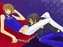 2boys brown_hair casual chained chains clothed code_geass collar couch cum cum_in_mouth cum_inside green_eyes kururugi_suzaku leash lelouch_lamperouge male multiple_boys oral penis sitting slave unzipped yaoi