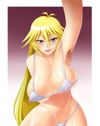 bikini blonde_hair blush breasts cleavage erect_nipples green_eyes hair inazuma large_breasts long_hair nipples satou_shouji sherry_leblanc smile swimsuit yu-gi-oh! yu-gi-oh!_5d's