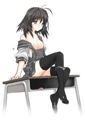 1girls black_eyes black_hair black_legwear blush breasts copyright_request cum cum_on_body cum_on_clothes cum_on_lower_body desk female flat_chest highres kuro_(kuronell) nipples no_bra open_clothes open_shirt panties panty_pull pussy school_uniform shirt shirt_lift sitting sitting_on_desk solo thighhighs uncensored underwear vibrator