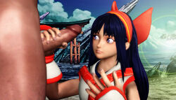 1boy 1girls 3d ainu_clothes big_penis blue_eyes blue_hair el_ratounador faceless_male female female_focus hair_ribbon handjob large_penis long_hair nakoruru open_mouth penis samurai_shodown smile snk