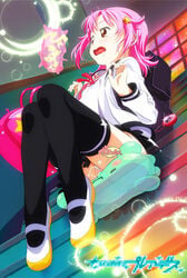 bag black_legwear black_thighhighs highres houkago_no_pleiades insertion makinon_tm open_mouth panties panties_aside pink_hair randoseru red_eyes saliva sex shoes subaru_(houkago_no_pleiades) thighhighs underwear uwabaki vaginal_penetration wavy_mouth