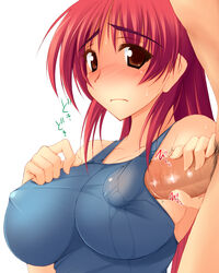 blush breasts duo erect_nipples female kousaka_tamaki large_breasts long_hair male one-piece_swimsuit penis penis_under_clothes pointy_chin pubic_hair red_eyes red_hair solo_focus swimsuit to_heart_(series) to_heart_2 translation_request uncensored unseen_male_face zekkyon