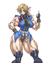 blonde_hair blue_eyes breasts cameltoe color covered_breasts extreme_muscles female female_only fingerless_gloves front_view gloves hair headband highres human martial_champion muscles muscular_female purukogi racheal solo thighhighs