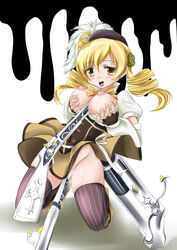 between_breasts blonde_hair breasts drill_hair female female_only gun hair_ornament human kurogane_(majesticrune) mahou_shoujo_madoka_magica nipples no_panties object_between_breasts open_mouth paizuri rifle smile solo thighhighs tied_hair tomoe_mami twin_drills twintails weapon yellow_eyes