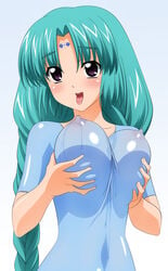 aqua_hair big_breasts breast_grab breast_lift breasts canal_vorfeed drool high_resolution lost_universe over_drive overdrive saliva smiling sugimura_tomokazu tongue wave_ride