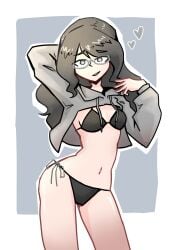 april_(juztplay) black_bikini black_hair black_panties eyebrows_visible_through_hair glasses hand_behind_head heart hi_res high_quality jpeg juztplay long_black_hair long_hair looking_at_viewer pixiv pulled_up_jacket pulled_up_shirt simple_background thighs white_background