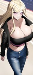 above_view ai_generated akamatsu_kaede bad_hands blonde_hair danganronpa danganronpa_v3 hair_ornament huge_breasts jacket jeans looking_at_viewer mifriff n.c.b_ai nai_diffusion pink_eyes stable_diffusion strapless tubetop viewed_from_above walking