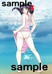 1girls artist_request ass beach big_ass blush bow breasts brown_eyes clothes_lift clothing dress dress_lift feet female female_only hair_ribbon highres legs looking_at_viewer looking_back medium_breasts navel ocean panties ponytail purple_hair ribbon sakura_shinguji sakura_taisen sakura_wars sample_watermark sega sideboob small_breasts smile solo thighs underwear water watermark white_panties