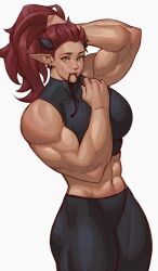 1girls abs absurd_res adjusting_hair ali_(sotcho) borrowed_character earrings female female_only hi_res horns leggings long_hair looking_at_viewer m4rjinn muscles muscular muscular_female muscular_thighs orange_eyes pointy_ears ponytail red_hair simple_background slit_pupils solo topwear white_background