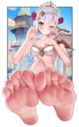 absurdres barefoot blush blushed_soles feet female foot_fetish foot_focus genshin_impact green_eyes grey_hair he_c92 highres looking_at_viewer medium_hair noelle_(genshin_impact) one_eye_closed soles toes