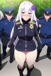 1girls 2boys ai_generated big_breasts blush cum_in_pussy elf elf_ears elf_girl emilia_(re:zero) friend_oliver long_hair multiple_boys nai_diffusion police_officer policewoman purple_eyes re:zero_kara_hajimeru_isekai_seikatsu stable_diffusion tagme tongue_out white_hair without_panties without_pants