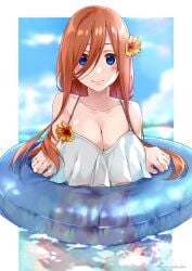 1girls big_breasts bikini blue_eyes blush breasts cleavage female female_only floater floating go-toubun_no_hanayome highres huge_breasts inflatable large_breasts looking_at_viewer nakano_miku red_hair see-through see-through_clothing shi-2 smile solo swimsuit