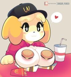 alternate_breast_size animal_crossing big_breasts big_mac boob_burger breasts burger drink female french_fries hamburger heart isabelle_(animal_crossing) mcdonald's nintendo onigiri_punch tagme yellow_fur your_order_is_ready_(meme)