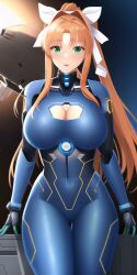 ai_generated bodysuit boob_window cleavage_cutout cortana cortana_(cosplay) cosplay doki_doki_literature_club female female_focus female_only green_eyes hair_ribbon halo_(series) large_breasts monika_(doki_doki_literature_club) n.c.b_ai nai_diffusion space spacecraft stable_diffusion zero_suit