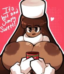 breasts ch3rrycupcakes cocoa_cookie cookie_run dark-skinned_female dark_skin hat huge_breasts long_hair looking_at_viewer mug nipples smile